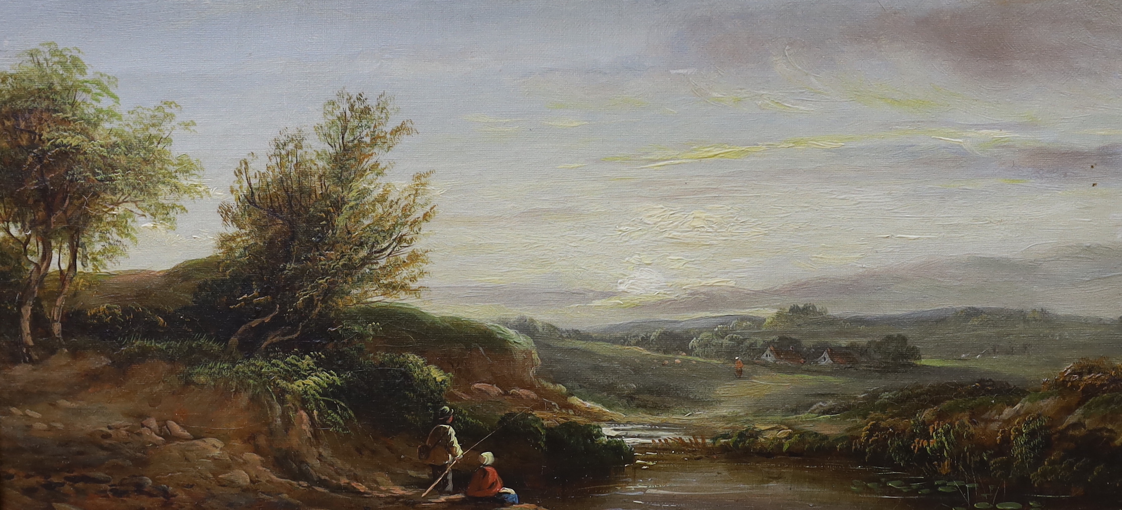 Attributed to Edwin Buttery (1839-1908), pair of oils on canvas, River landscapes with figures fishing, 19 x 39cm